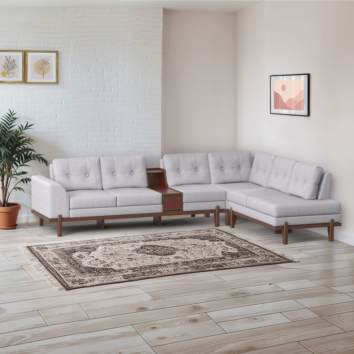 WOODEN SOFA- PERILIN SDC-395-3-1-20 (L SHAPE SOFA SET) (Fabric-2145)